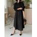 Women Shirt Collared Spliced Buttons Pleated Solid Casual Midi Dresses