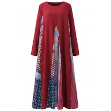 O  NEWE Vintage Women Printed Stitching Long Sleeve Dress