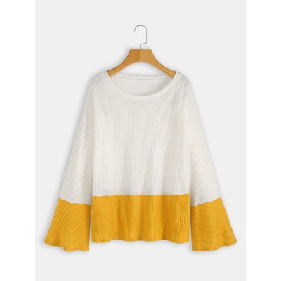 Plus Size Contrast Color One Shoulder Bell Sleeve Knit Sweaters