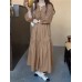 Women Puff Sleeve Pleats Drawstring Ankle Length Solid O  Neck Midi Dresses