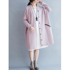 Plus Size Solid Color Knit Pocket Long Sleeve Calf  Length Cardigans