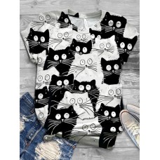 Funny Cartoon Cat Print Women Casual Round Neck Short Sleeve T  Shirts