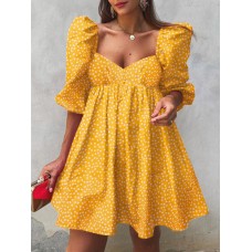 Women Puff Sleeve Thigh Pleating Puff Sleeve Length Floral Midi Dresses