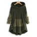 Women Contrast Color Splice Irregular Hem Hooded Fleece Sweatshirt Coats