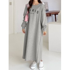 Women Sweatshirt Letter Printed Calf Length O  Neck Casual Midi Dresses